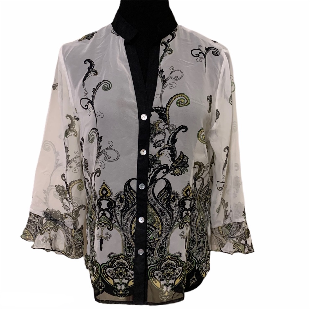 Investment Button Down White Sheer Floral Blouse